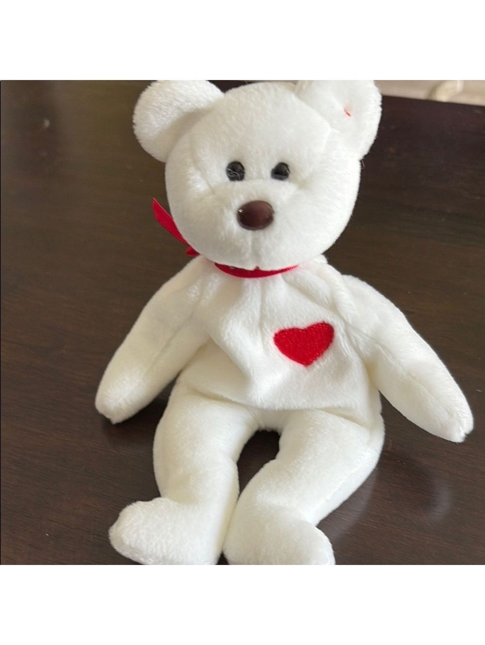 Ty 4058 VALENTINO White Heart Bear Beanie Baby 1993 No Tag Red Bow Brown Nose